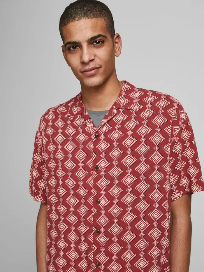 Shirts JACK and JONES Mens RELAXED FIT RESORT SHORT SLEEVED SHIRT Red Brick Red Gift for Friend