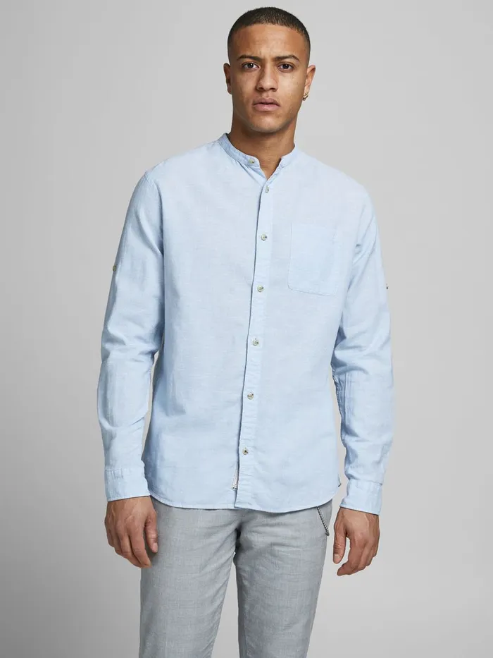 Shirts JACK and JONES Mens SLIM FIT POPLIN LINEN SHIRT Blue Infinity Gift for Friend Shirts JACK and JONES Mens SLIM FIT POPLIN LINEN SHIRT Blue Infinity Gift for Friend