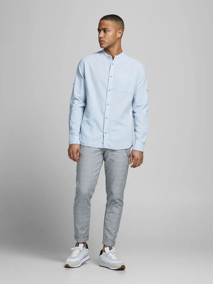 Shirts JACK and JONES Mens SLIM FIT POPLIN LINEN SHIRT Blue Infinity Gift for Friend