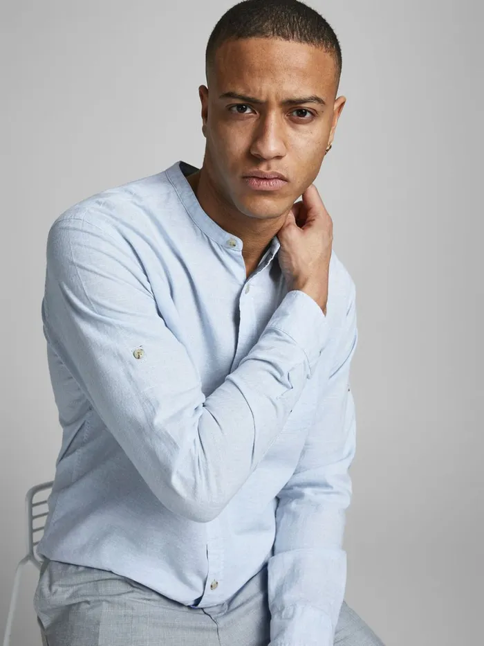 Shirts JACK and JONES Mens SLIM FIT POPLIN LINEN SHIRT Blue Infinity Gift for Friend