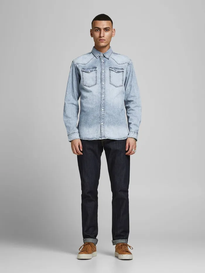 Shirts JACK and JONES Mens SLIM FIT WESTERN STYLE DENIM SHIRT Blue Blue Denim Cheap On Sale