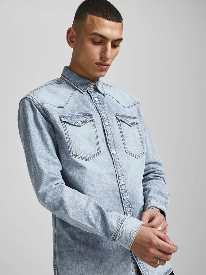 Shirts JACK and JONES Mens SLIM FIT WESTERN STYLE DENIM SHIRT Blue Blue Denim Cheap On Sale