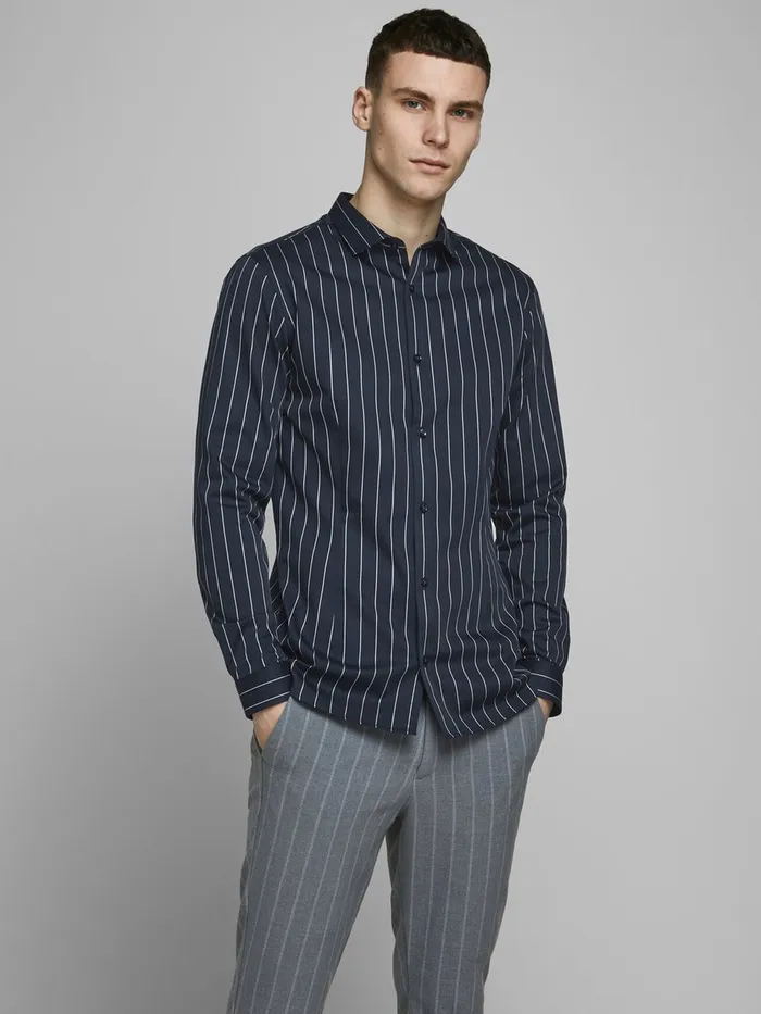 Shirts JACK and JONES Mens STRIPED FORMAL SHIRT Blue Navy Blazer Casaul