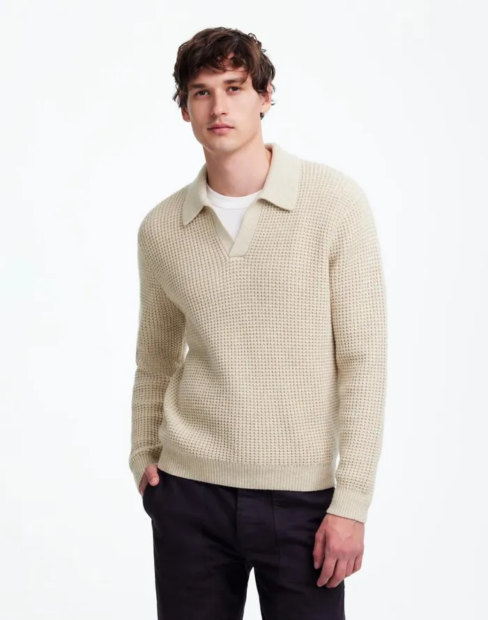 Shirts Men Madewell JohnnyCollar Sweater Polo Shirt In Waffle Knit Heather Light Sand
