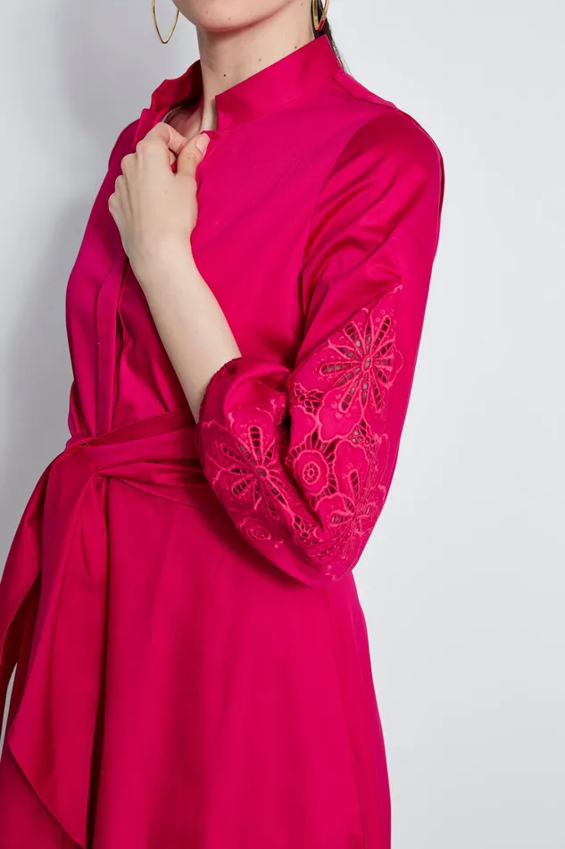 Short Sleeve Dresses Women Elie Tahari Embroidered Cotton Tie Dress CYCLAMEN