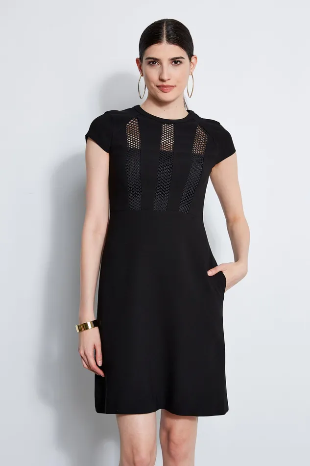 Short Sleeve Dresses Women Elie Tahari Geo Lace Inset Dress BLACK