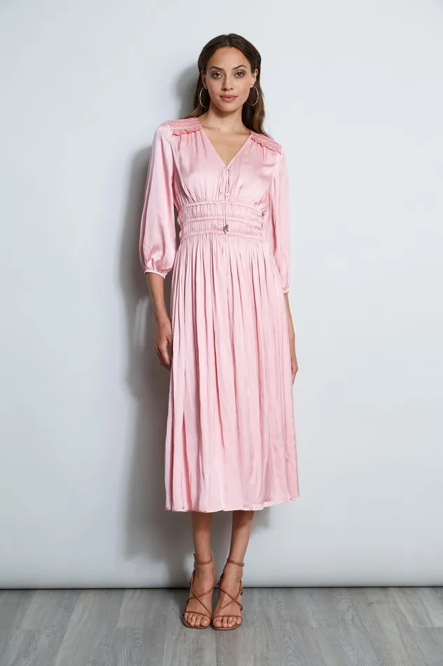 Short Sleeve Dresses Women Elie Tahari Satin Smocked Pleat Dress SOHO PINK