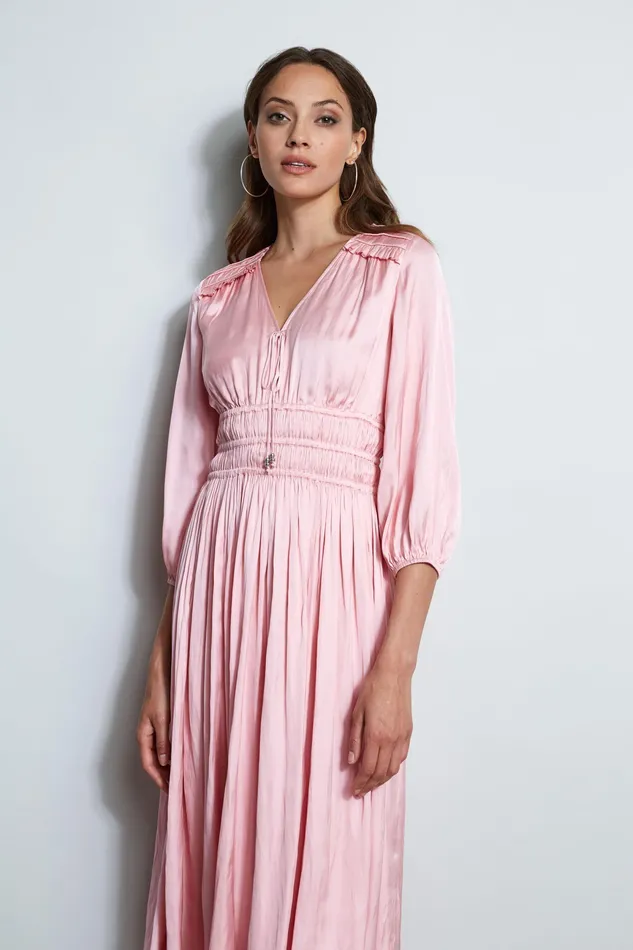 Short Sleeve Dresses Women Elie Tahari Satin Smocked Pleat Dress SOHO PINK