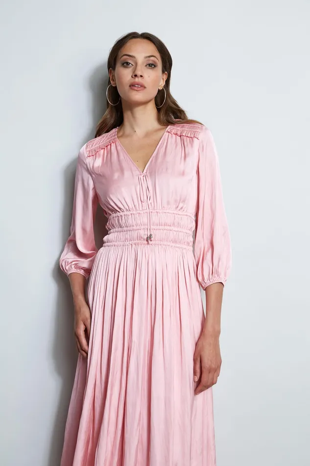 Short Sleeve Dresses Women Elie Tahari Satin Smocked Pleat Dress SOHO PINK