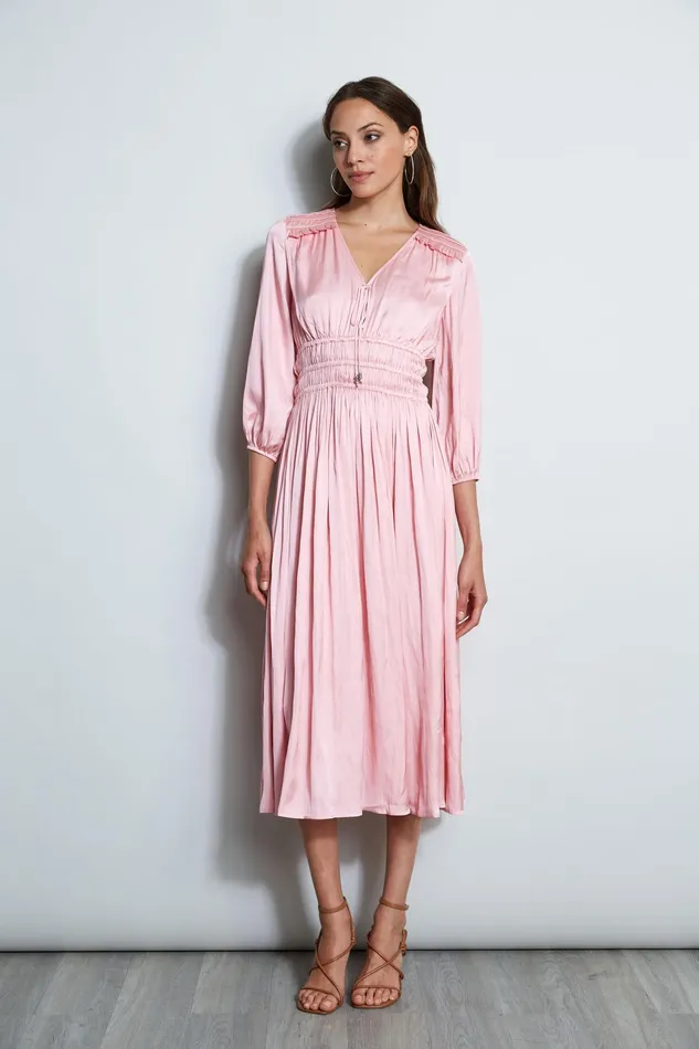 Short Sleeve Dresses Women Elie Tahari Satin Smocked Pleat Dress SOHO PINK