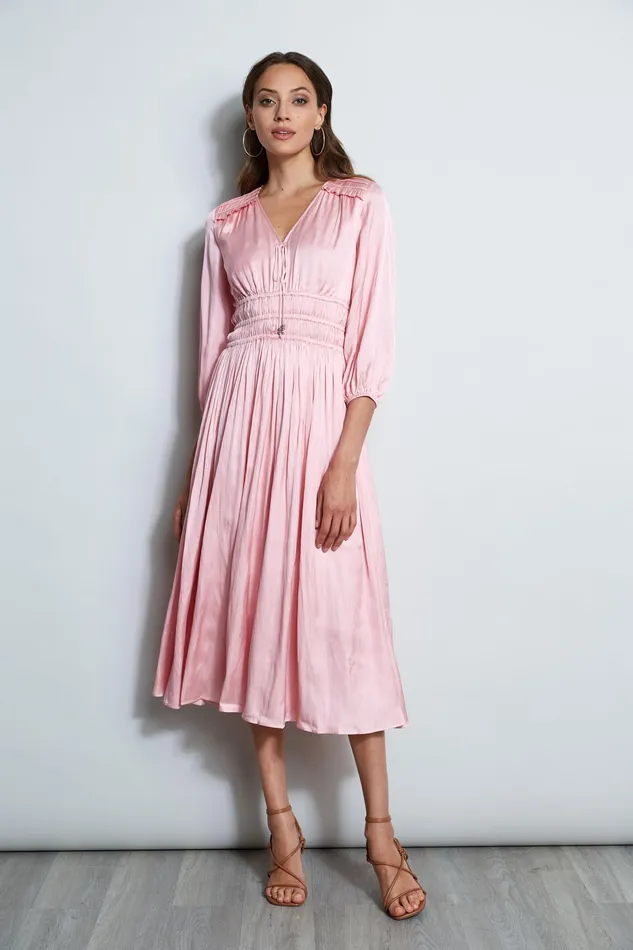 Short Sleeve Dresses Women Elie Tahari Satin Smocked Pleat Dress SOHO PINK