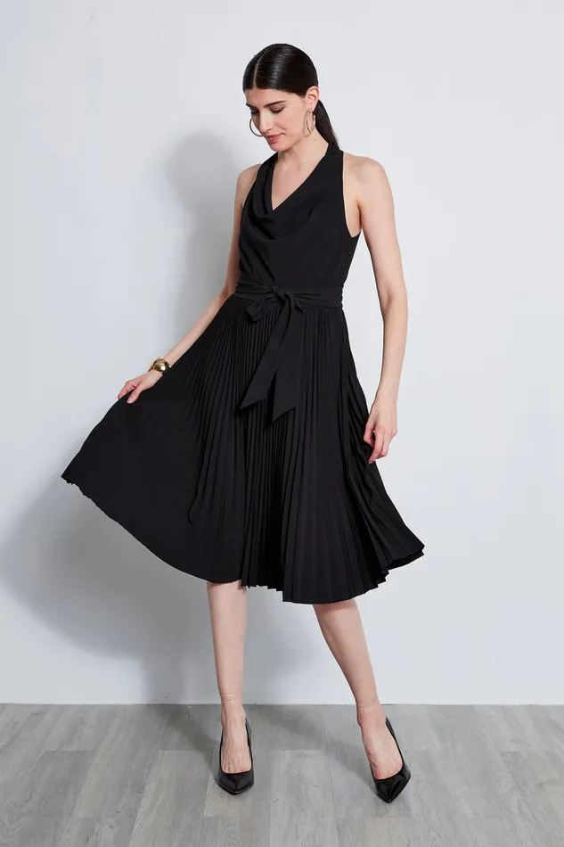 Sleeveless Dresses Women Elie Tahari Pleated Cowl Midi Dress BLACK