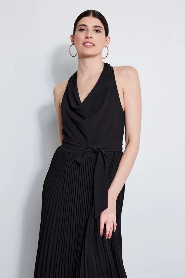 Sleeveless Dresses Women Elie Tahari Pleated Cowl Midi Dress BLACK