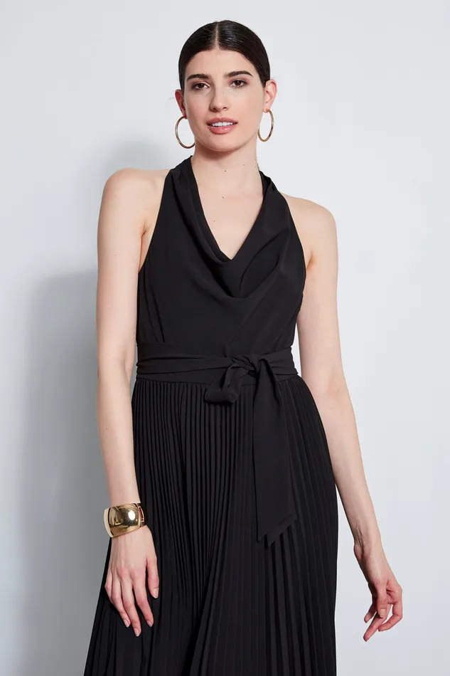 Sleeveless Dresses Women Elie Tahari Pleated Cowl Midi Dress BLACK
