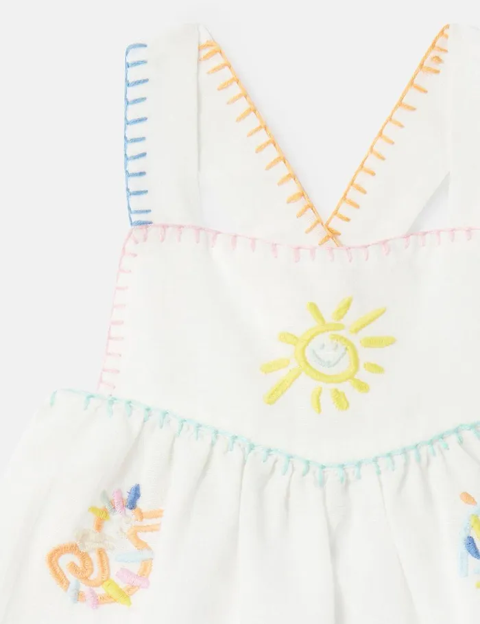 Stella McCartney Baby Girls Kids Summer Doodles Embroidery Pinafore Dress Ivory Stella McCartney Baby Girls Kids Summer Doodles Embroidery Pinafore Dress Ivory