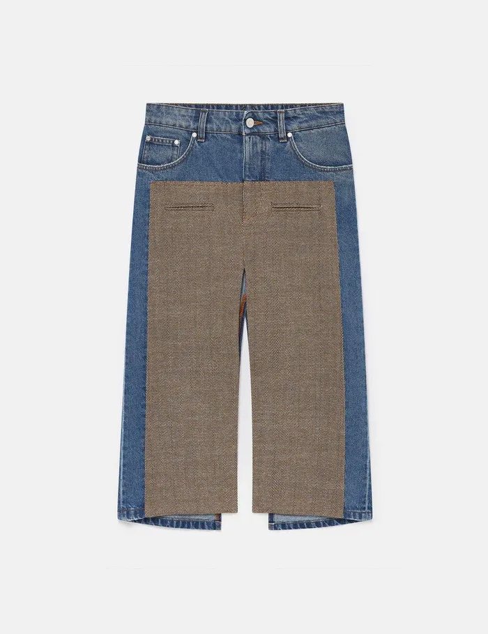 Stella McCartney Denim Women Hybrid Panel Denim Midi Skirt Beige Tweed And Blue Denim