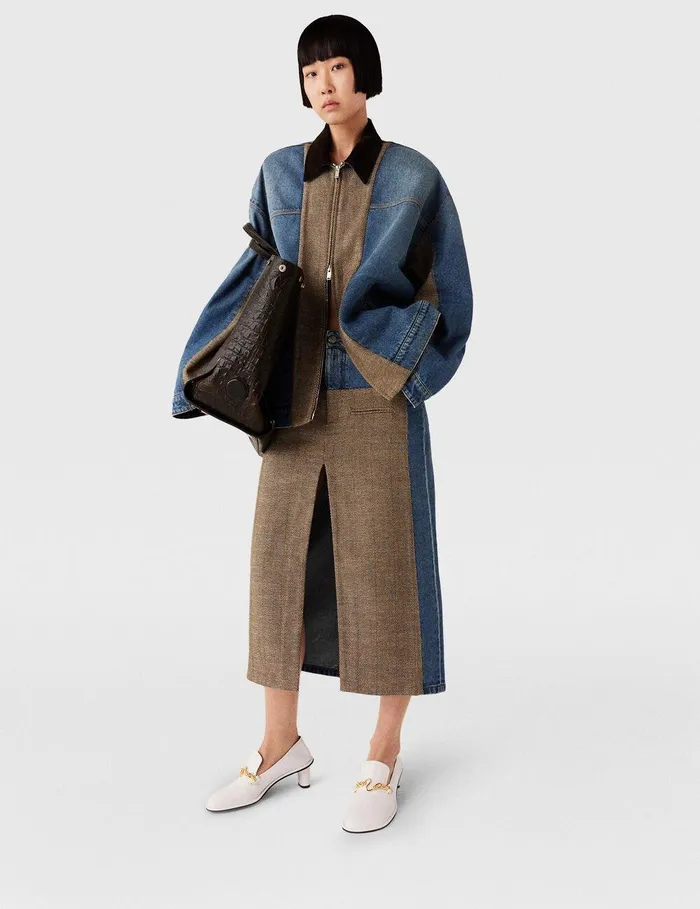 Stella McCartney Denim Women Hybrid Panel Denim Midi Skirt Beige Tweed And Blue Denim Stella McCartney Denim Women Hybrid Panel Denim Midi Skirt Beige Tweed And Blue Denim