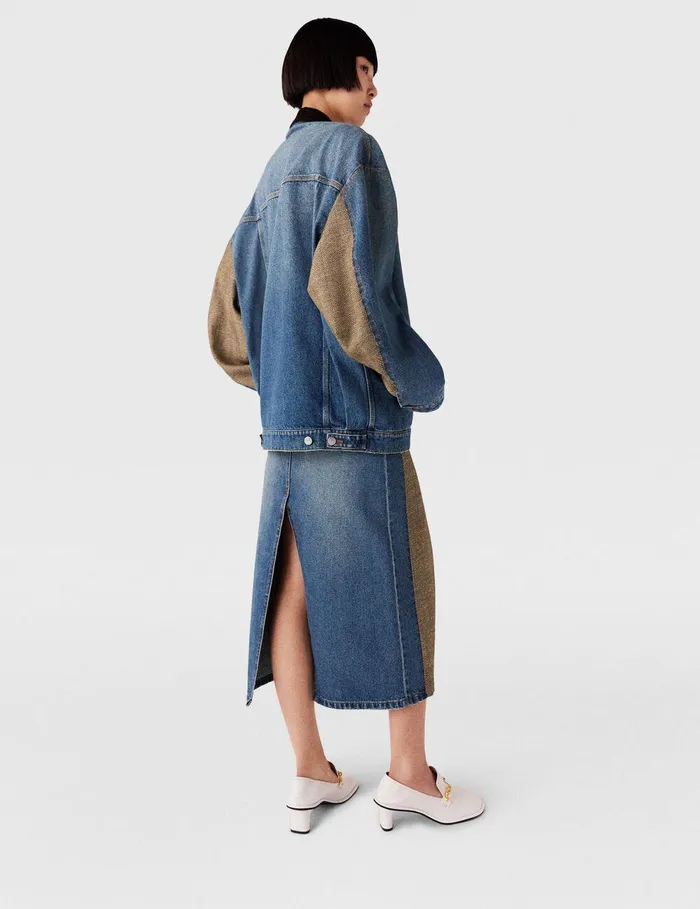 Stella McCartney Denim Women Hybrid Panel Denim Midi Skirt Beige Tweed And Blue Denim Stella McCartney Denim Women Hybrid Panel Denim Midi Skirt Beige Tweed And Blue Denim