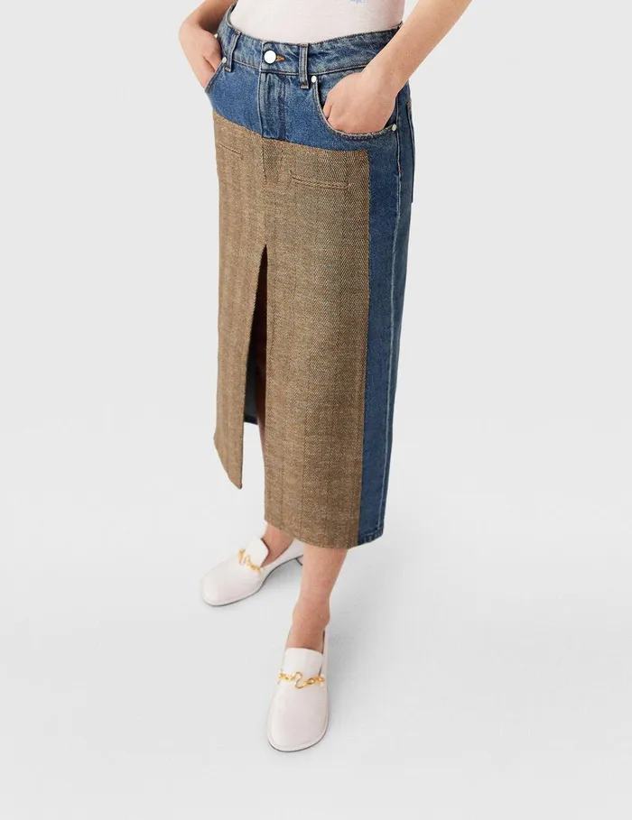 Stella McCartney Denim Women Hybrid Panel Denim Midi Skirt Beige Tweed And Blue Denim Stella McCartney Denim Women Hybrid Panel Denim Midi Skirt Beige Tweed And Blue Denim