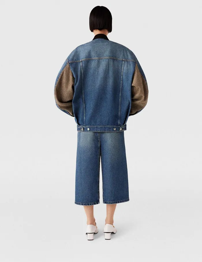 Stella McCartney Denim Women Hybrid Panel Denim Midi Skirt Beige Tweed And Blue Denim Stella McCartney Denim Women Hybrid Panel Denim Midi Skirt Beige Tweed And Blue Denim