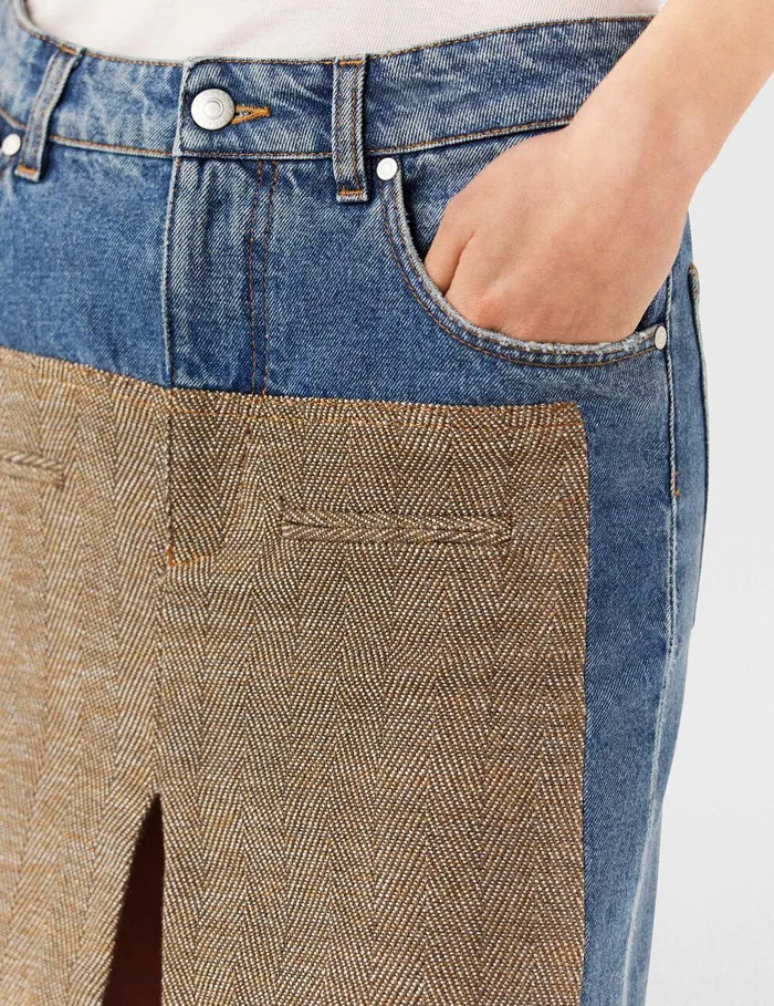 Stella McCartney Denim Women Hybrid Panel Denim Midi Skirt Beige Tweed And Blue Denim Stella McCartney Denim Women Hybrid Panel Denim Midi Skirt Beige Tweed And Blue Denim