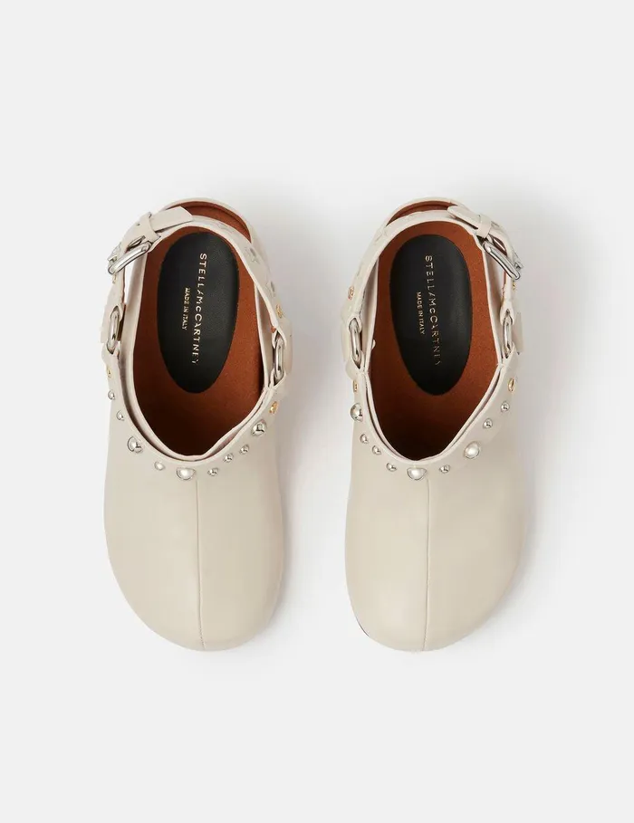 Stella McCartney Heels Women Elyse Studded Heeled Clogs Metallic Gold Stella McCartney Heels Women Elyse Studded Heeled Clogs Metallic Gold