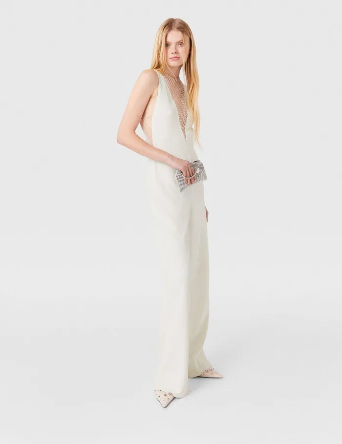Stella McCartney Jumpsuits Women Crystal Mesh Deep V Jumpsuit Pure White Stella McCartney Jumpsuits Women Crystal Mesh Deep V Jumpsuit Pure White