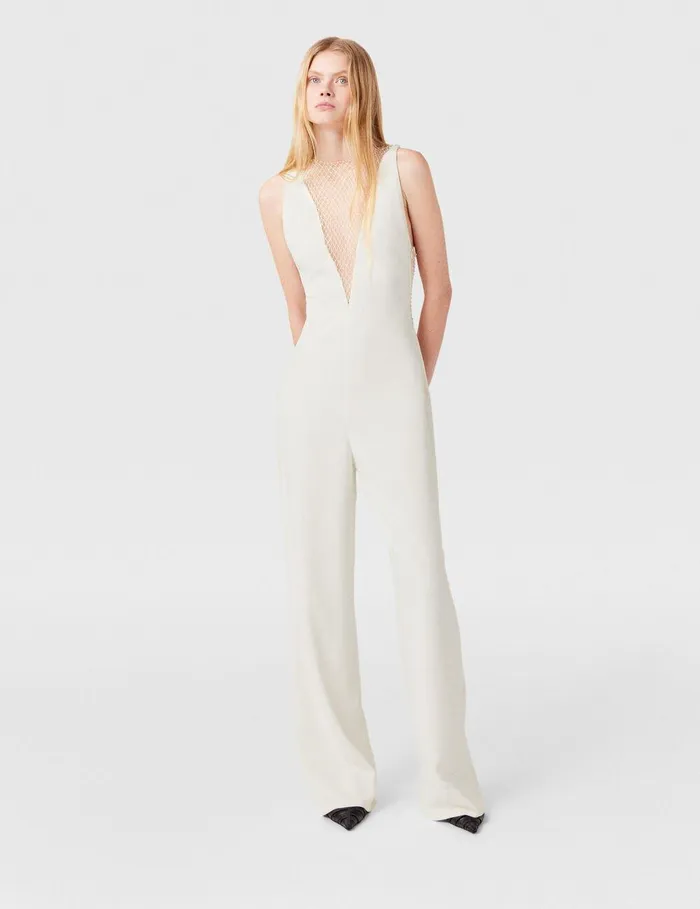 Stella McCartney Jumpsuits Women Crystal Mesh Deep V Jumpsuit Pure White Stella McCartney Jumpsuits Women Crystal Mesh Deep V Jumpsuit Pure White