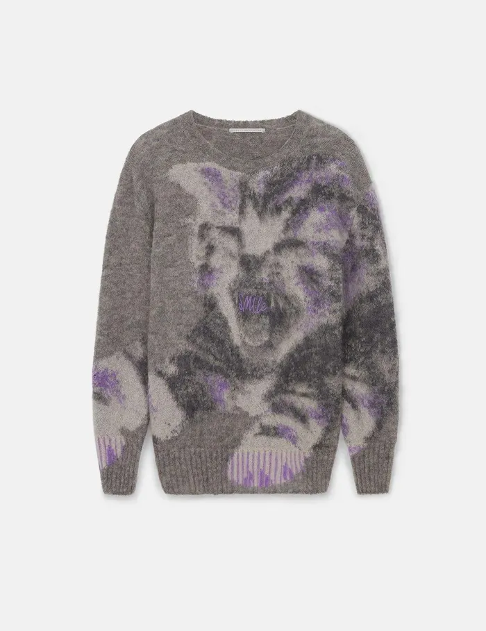 Stella McCartney Knitwear Women Kitten Graphic Knit Sweater Grey White And Purple
