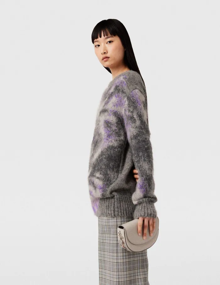 Stella McCartney Knitwear Women Kitten Graphic Knit Sweater Grey White And Purple Stella McCartney Knitwear Women Kitten Graphic Knit Sweater Grey White And Purple