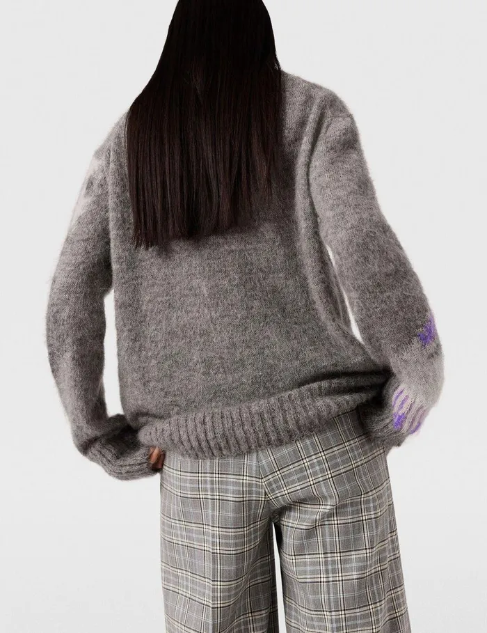 Stella McCartney Knitwear Women Kitten Graphic Knit Sweater Grey White And Purple Stella McCartney Knitwear Women Kitten Graphic Knit Sweater Grey White And Purple