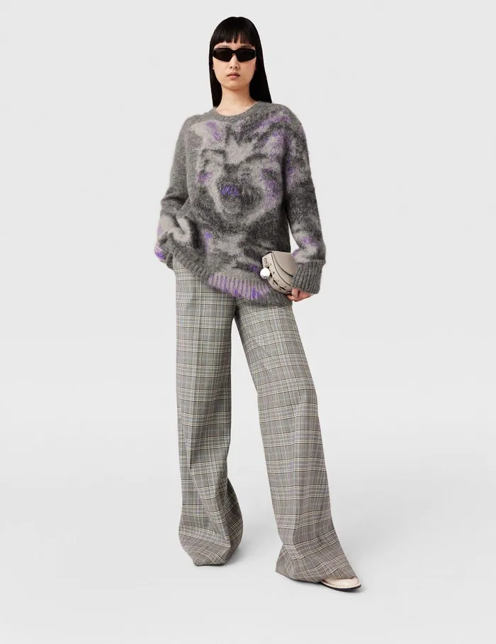 Stella McCartney Knitwear Women Kitten Graphic Knit Sweater Grey White And Purple Stella McCartney Knitwear Women Kitten Graphic Knit Sweater Grey White And Purple