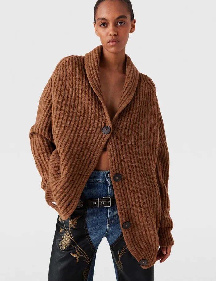 Stella McCartney Knitwear Women Oversized Ribbed VNeck Cardigan Tobacco Stella McCartney Knitwear Women Oversized Ribbed VNeck Cardigan Tobacco