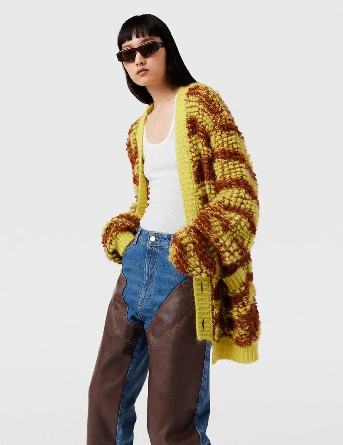 Stella McCartney Knitwear Women TigerPattern BouclKnit Cardigan Yellow And Rust Stella McCartney Knitwear Women TigerPattern BouclKnit Cardigan Yellow And Rust