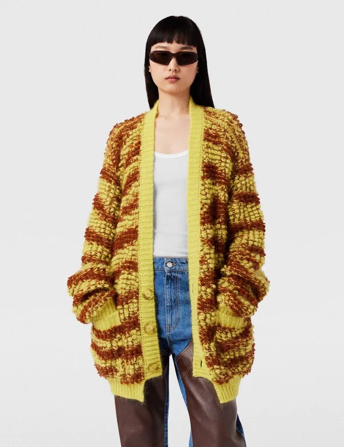 Stella McCartney Knitwear Women TigerPattern BouclKnit Cardigan Yellow And Rust Stella McCartney Knitwear Women TigerPattern BouclKnit Cardigan Yellow And Rust