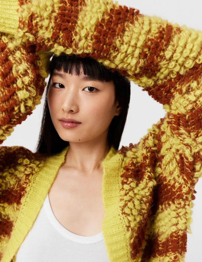 Stella McCartney Knitwear Women TigerPattern BouclKnit Cardigan Yellow And Rust Stella McCartney Knitwear Women TigerPattern BouclKnit Cardigan Yellow And Rust