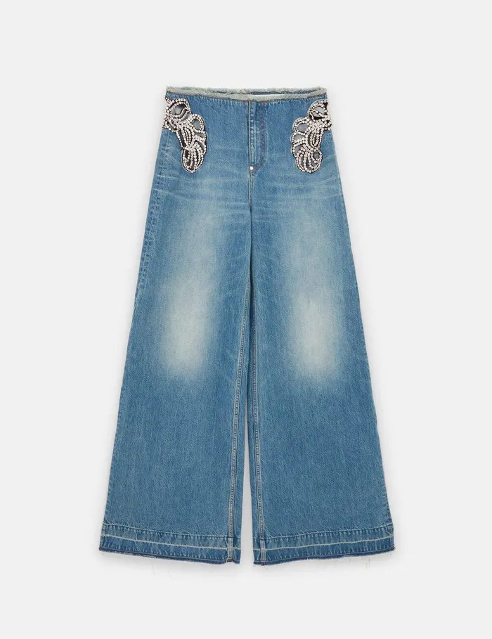 Stella McCartney Pants And Shorts Women Diamant Swirl MidRise Wide Leg Jeans Faded Wash Blue Denim Stella McCartney Pants And Shorts Women Diamant Swirl MidRise Wide Leg Jeans Faded Wash Blue Denim