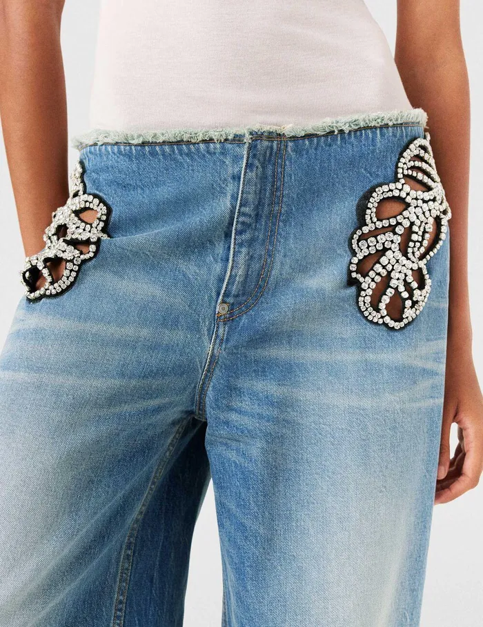 Stella McCartney Pants And Shorts Women Diamant Swirl MidRise Wide Leg Jeans Faded Wash Blue Denim Stella McCartney Pants And Shorts Women Diamant Swirl MidRise Wide Leg Jeans Faded Wash Blue Denim