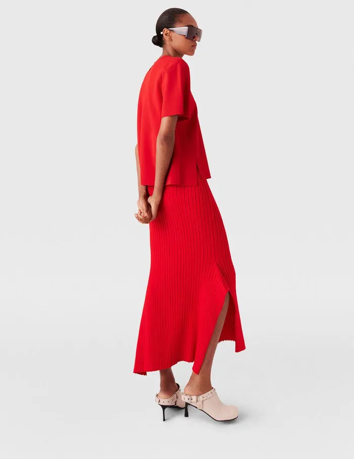 Stella McCartney Skirts Women Ribbed Flared Slit Midi Skirt Lipstick Red Stella McCartney Skirts Women Ribbed Flared Slit Midi Skirt Lipstick Red