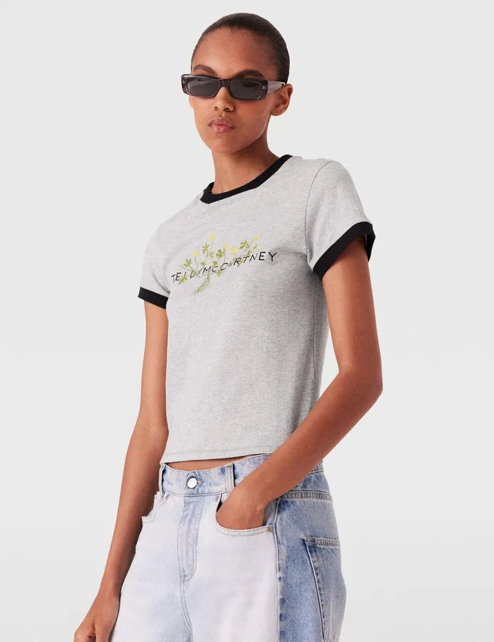 Stella McCartney Sweatshirts And TShirts Women Logo Floral Embroidered TShirt Grey Melange Stella McCartney Sweatshirts And TShirts Women Logo Floral Embroidered TShirt Grey Melange