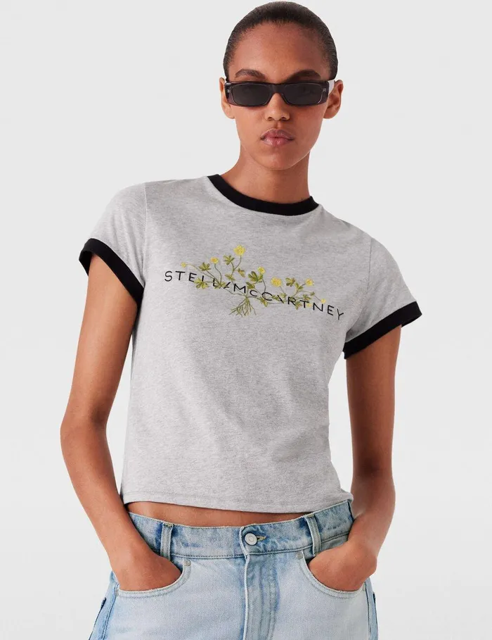 Stella McCartney Sweatshirts And TShirts Women Logo Floral Embroidered TShirt Grey Melange Stella McCartney Sweatshirts And TShirts Women Logo Floral Embroidered TShirt Grey Melange