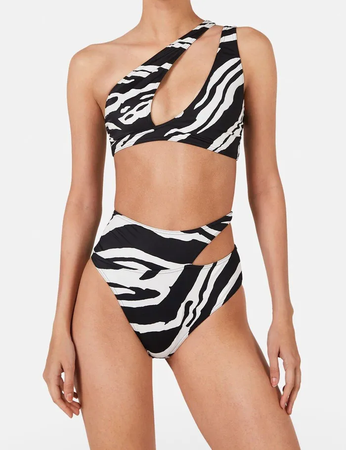 Stella McCartney Swimwear Women Zebra Print CutOut Bikini Top Blackivory Stella McCartney Swimwear Women Zebra Print CutOut Bikini Top Blackivory