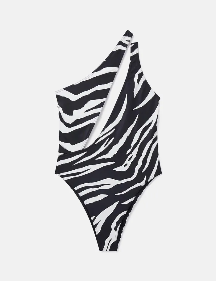 Stella McCartney Swimwear Women Zebra Print CutOut Swimsuit Blackivory