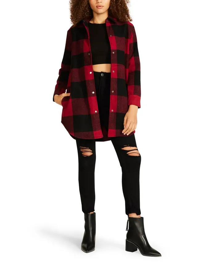 Steve Madden Eldridge Plaid Coat Red Womens Jackets and Coats