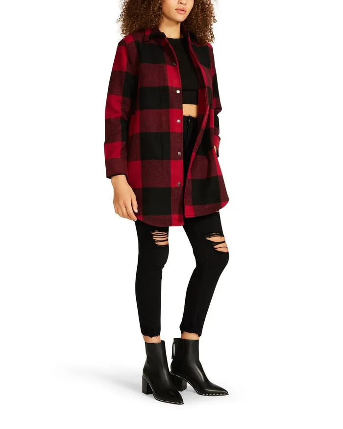 Steve Madden Eldridge Plaid Coat Red Womens Jackets and Coats