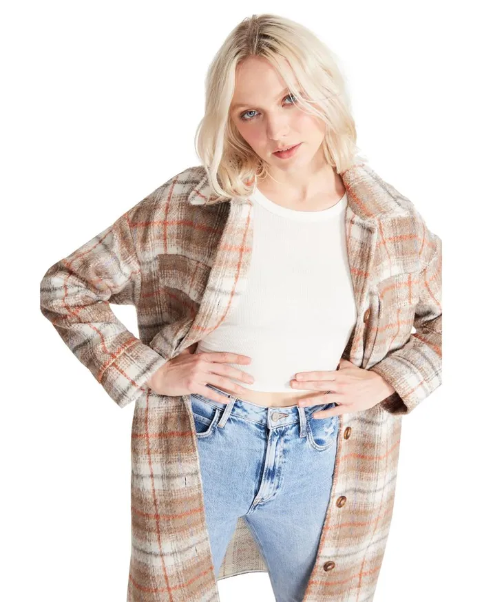 Steve Madden Long Plaid Coat Taupe Womens Jackets and Coats