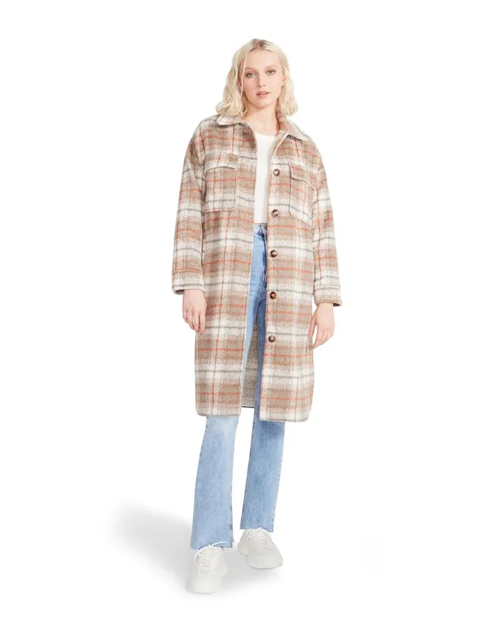 Steve Madden Long Plaid Coat Taupe Womens Jackets and Coats Steve Madden Long Plaid Coat Taupe Womens Jackets and Coats