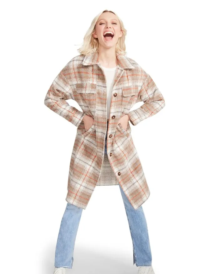 Steve Madden Long Plaid Coat Taupe Womens Jackets and Coats Steve Madden Long Plaid Coat Taupe Womens Jackets and Coats