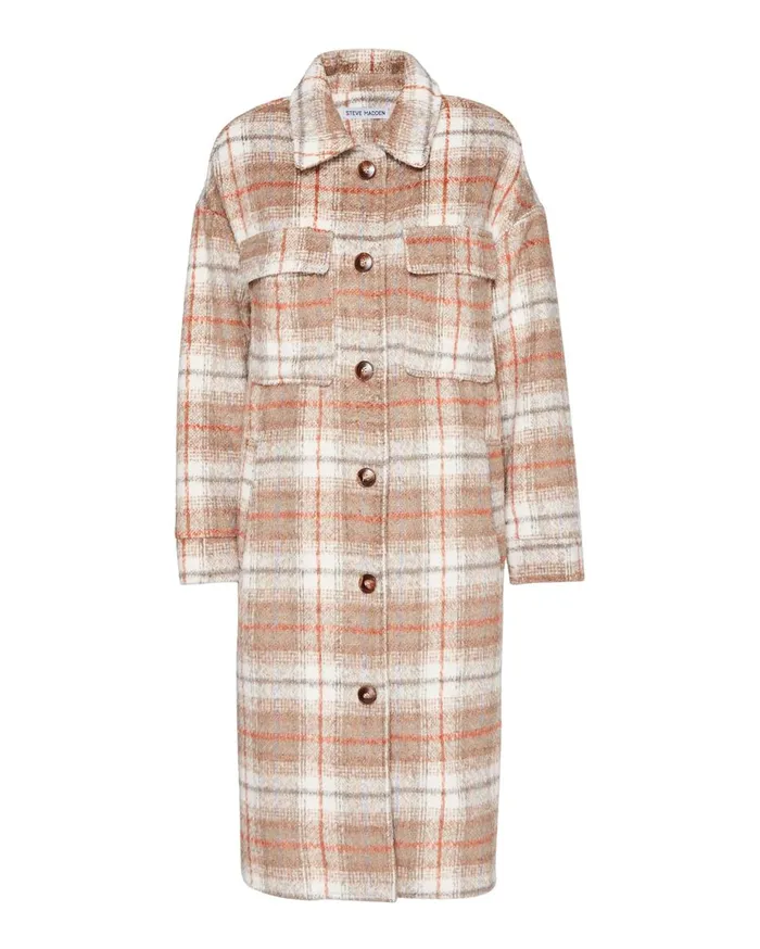 Steve Madden Long Plaid Coat Taupe Womens Jackets and Coats Steve Madden Long Plaid Coat Taupe Womens Jackets and Coats