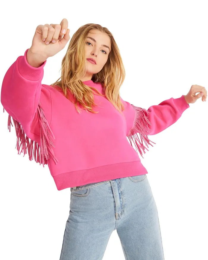 Steve Madden Rhinestone Fringe Crew Neck Hot Pink Womens Tops